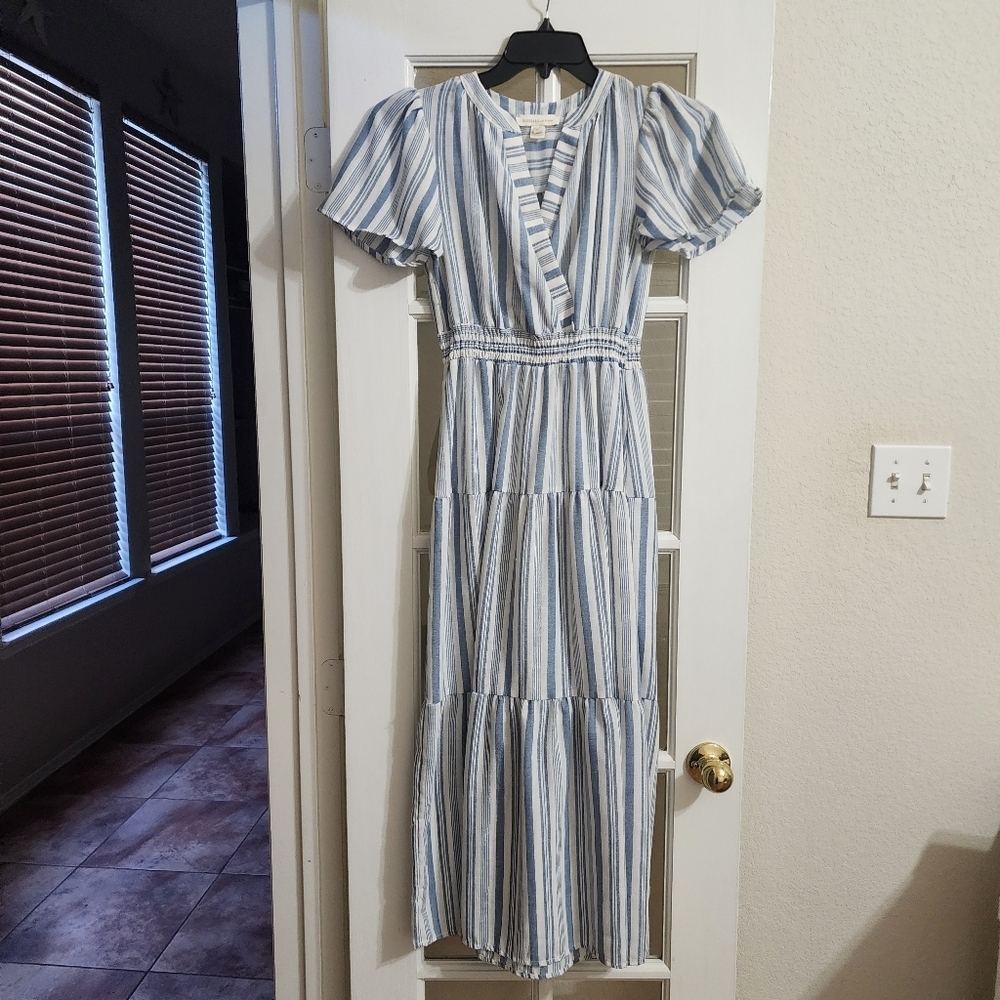 Monteau Los Angeles Blue White Stripe Faux Wrap Midi Dress Puff Sleeve M
